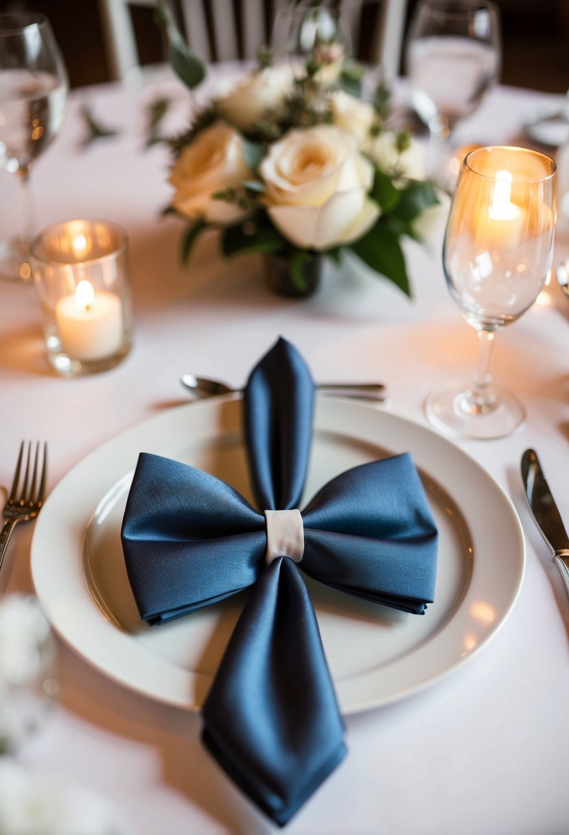 A folded napkin in the shape of a stylish bow tie sits at the center of a wedding reception table, adding an elegant touch to the decor