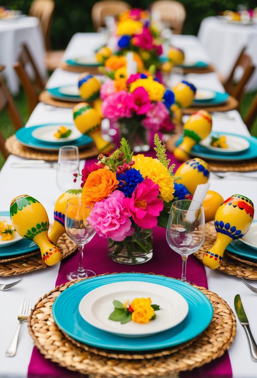 A festive table adorned with vibrant maracas and floral accents for a Mexican wedding celebration