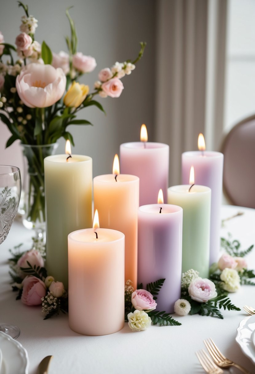 Soft pastel candles arranged on a table with delicate floral accents, creating a romantic and elegant spring wedding atmosphere