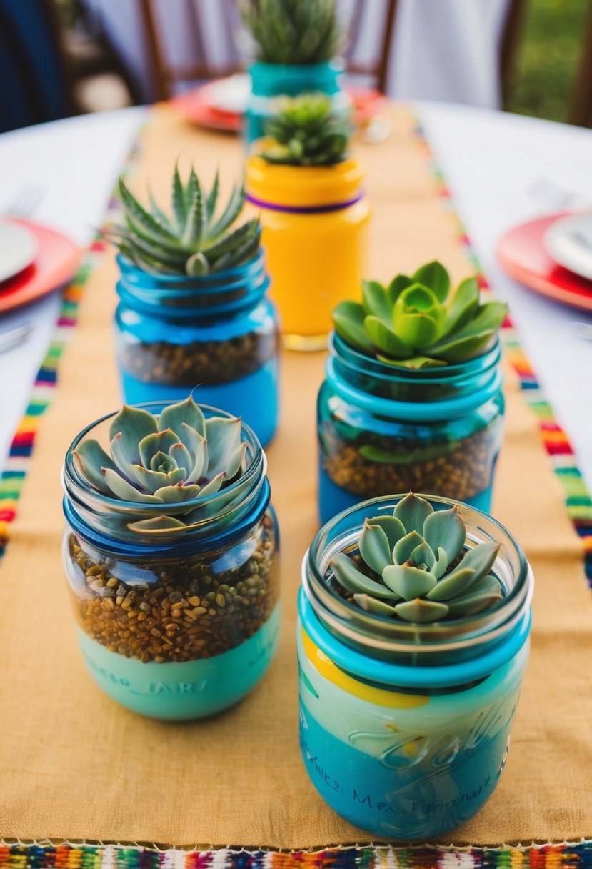 Colorful glass jars filled with succulents, arranged on a Mexican wedding table