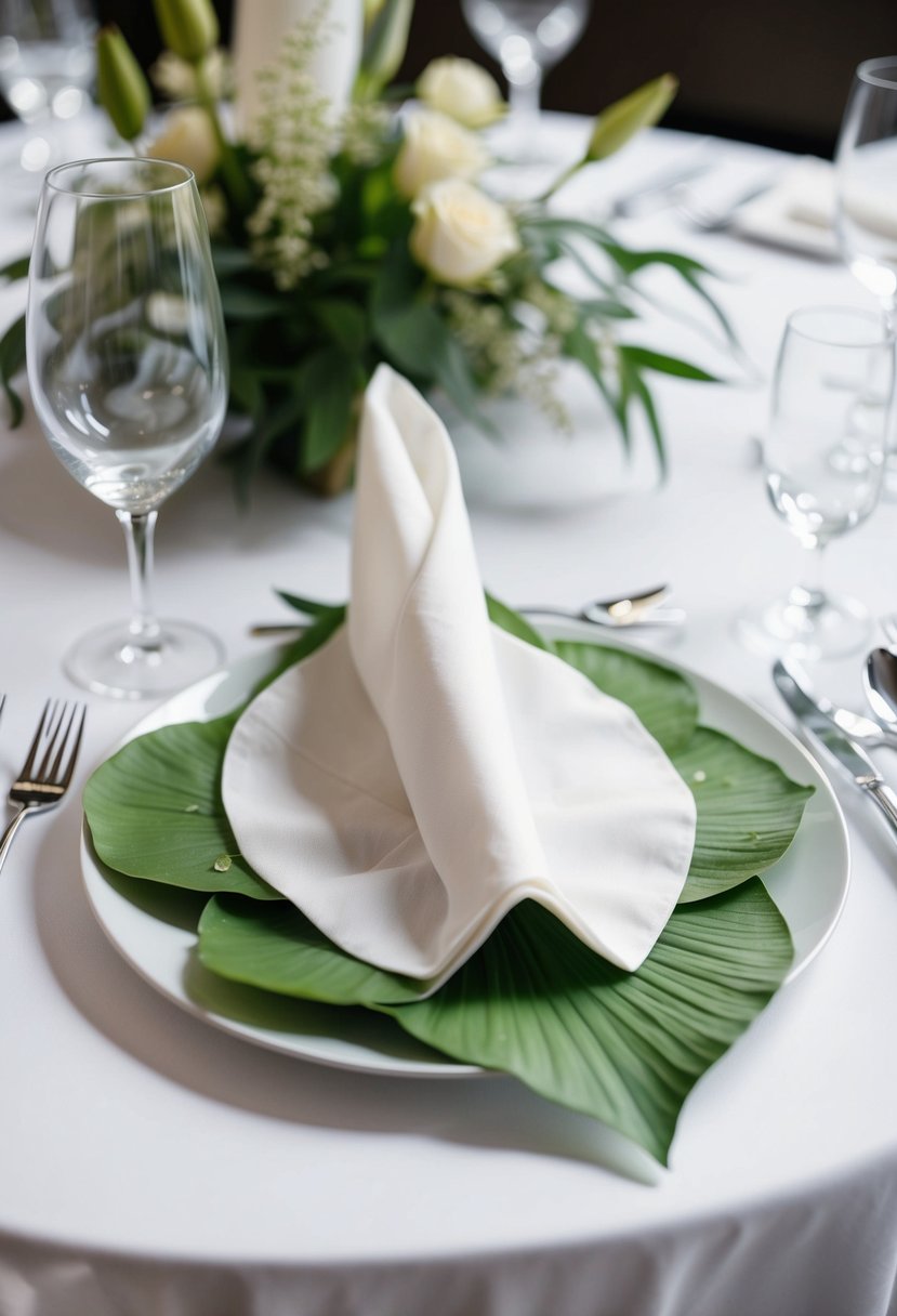 A white napkin is folded into a graceful lily pad shape, adorned with delicate green leaves, set on a wedding table