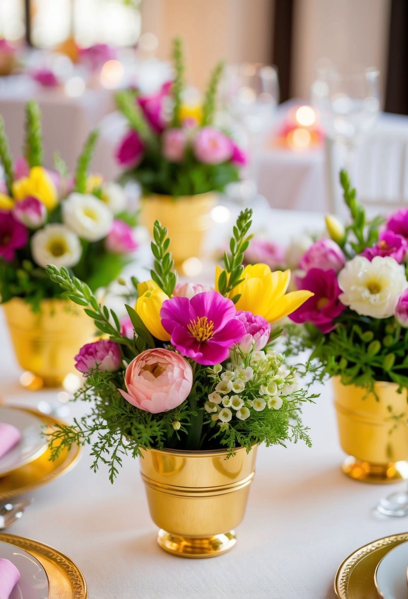 Mini compotes brim with vibrant blooms, creating a lush and romantic spring wedding table display