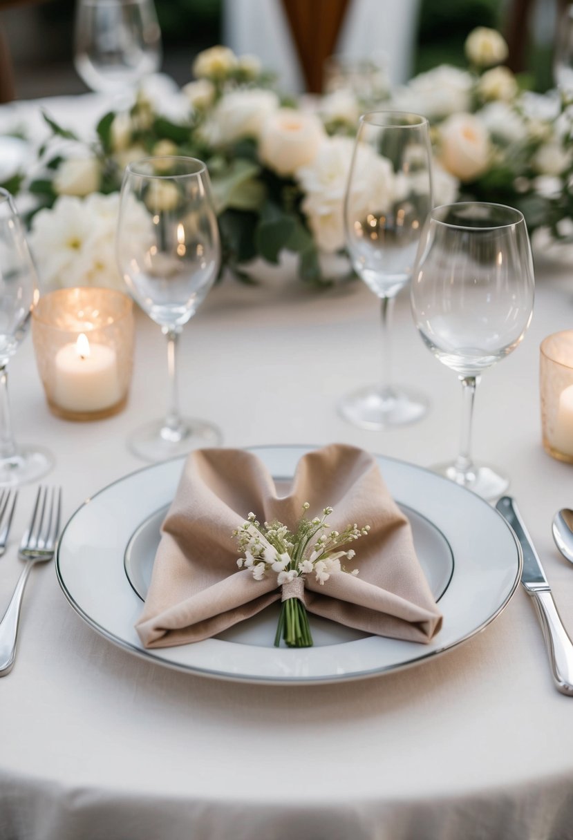 A heart-shaped napkin fold sits atop a wedding table, adorned with delicate floral decorations