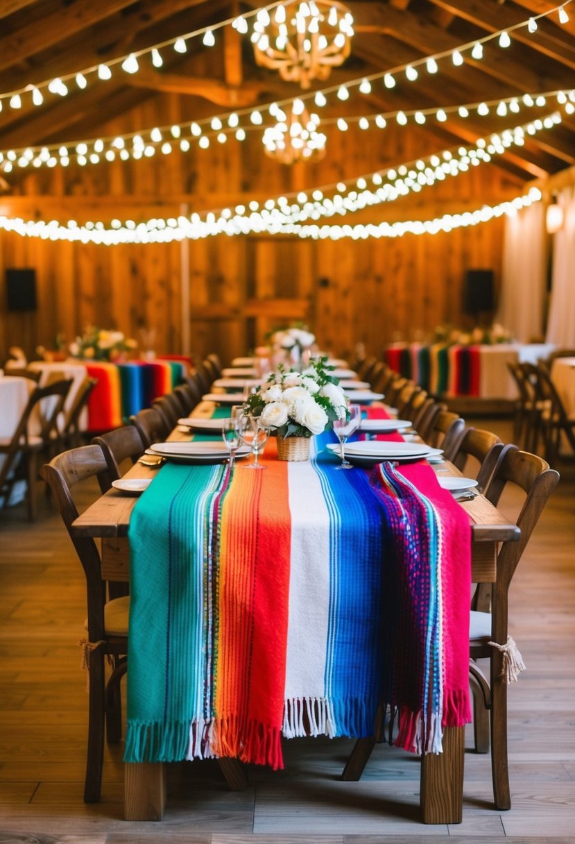 Brightly colored Mexican blankets drape over wooden tables, adding a festive touch to a wedding reception