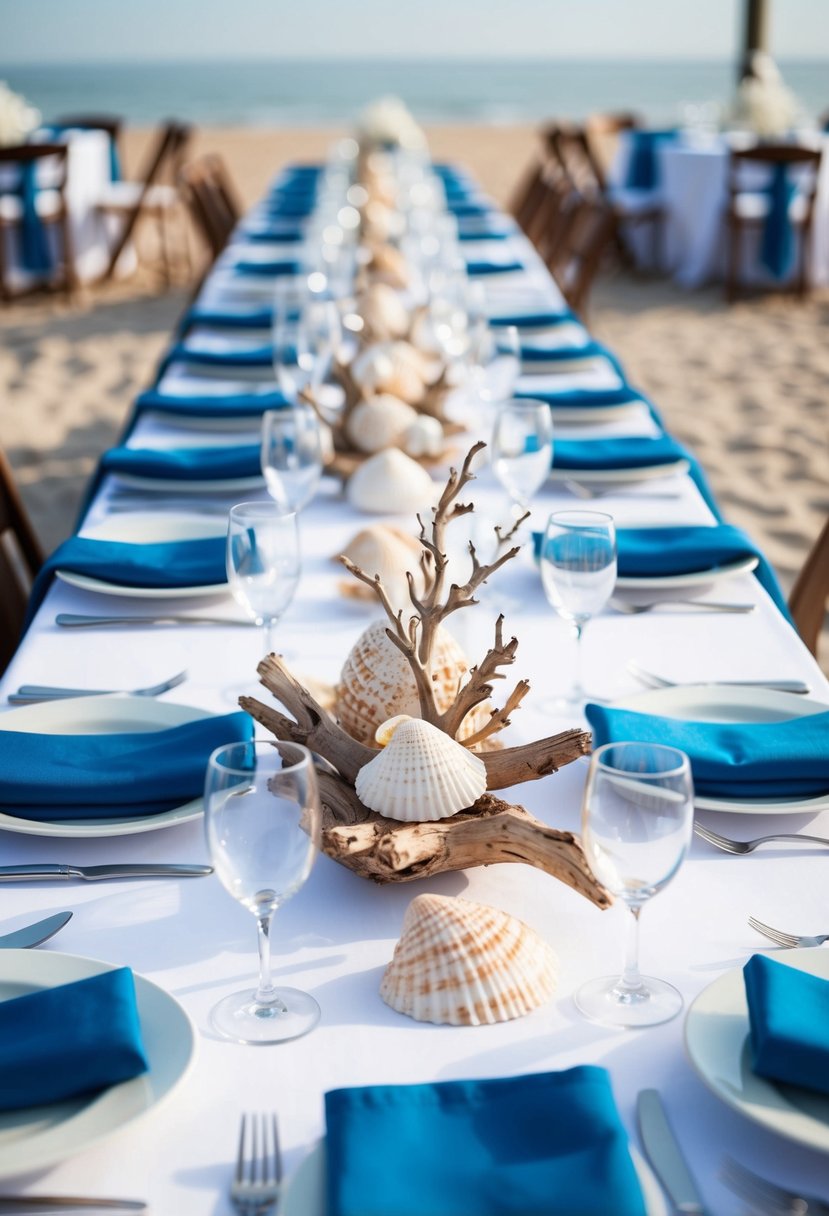 A beach-themed wedding table with blue and white linens, seashell centerpieces, and driftwood accents