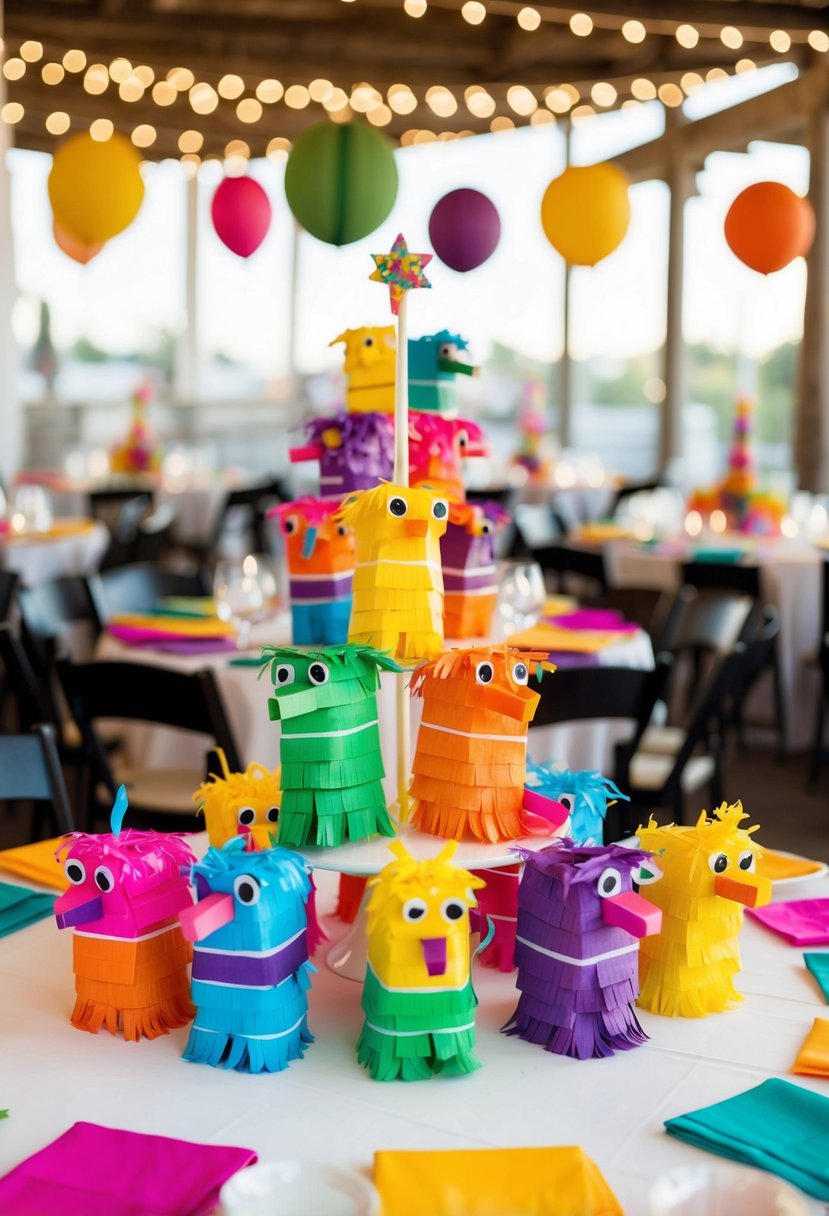 Colorful mini piñatas arranged as centerpieces on a festive Mexican wedding table