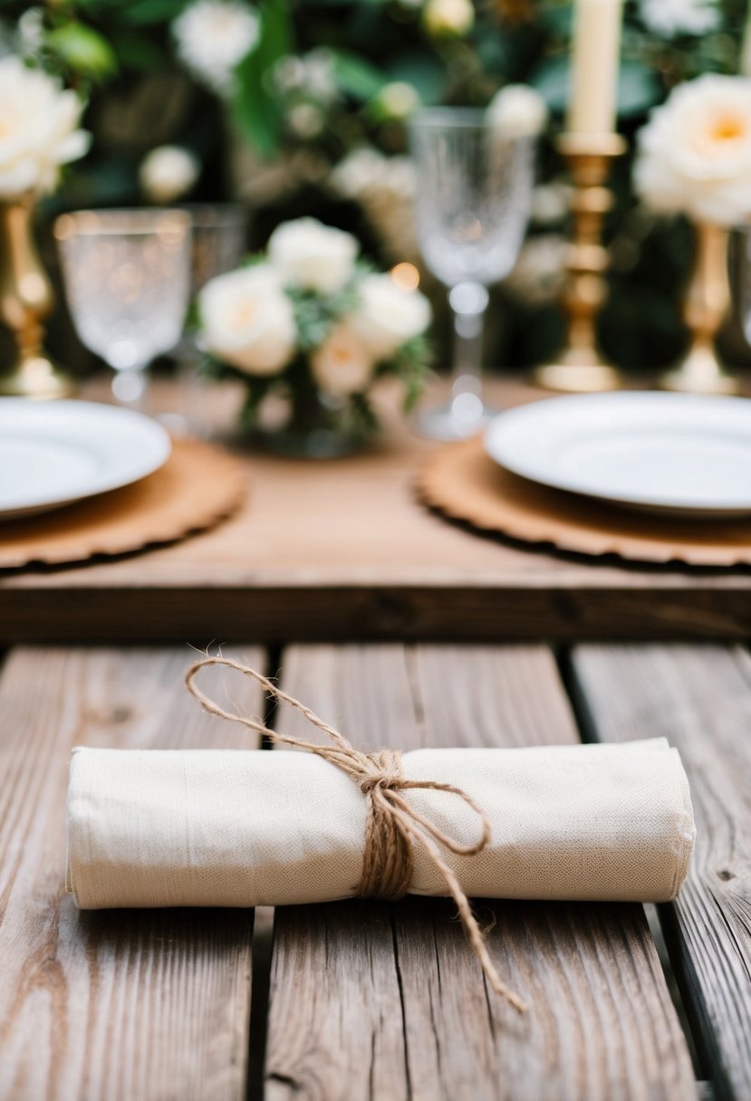 A wooden table adorned with a rustic roll-up napkin tied with twine, set against a backdrop of vintage wedding decor