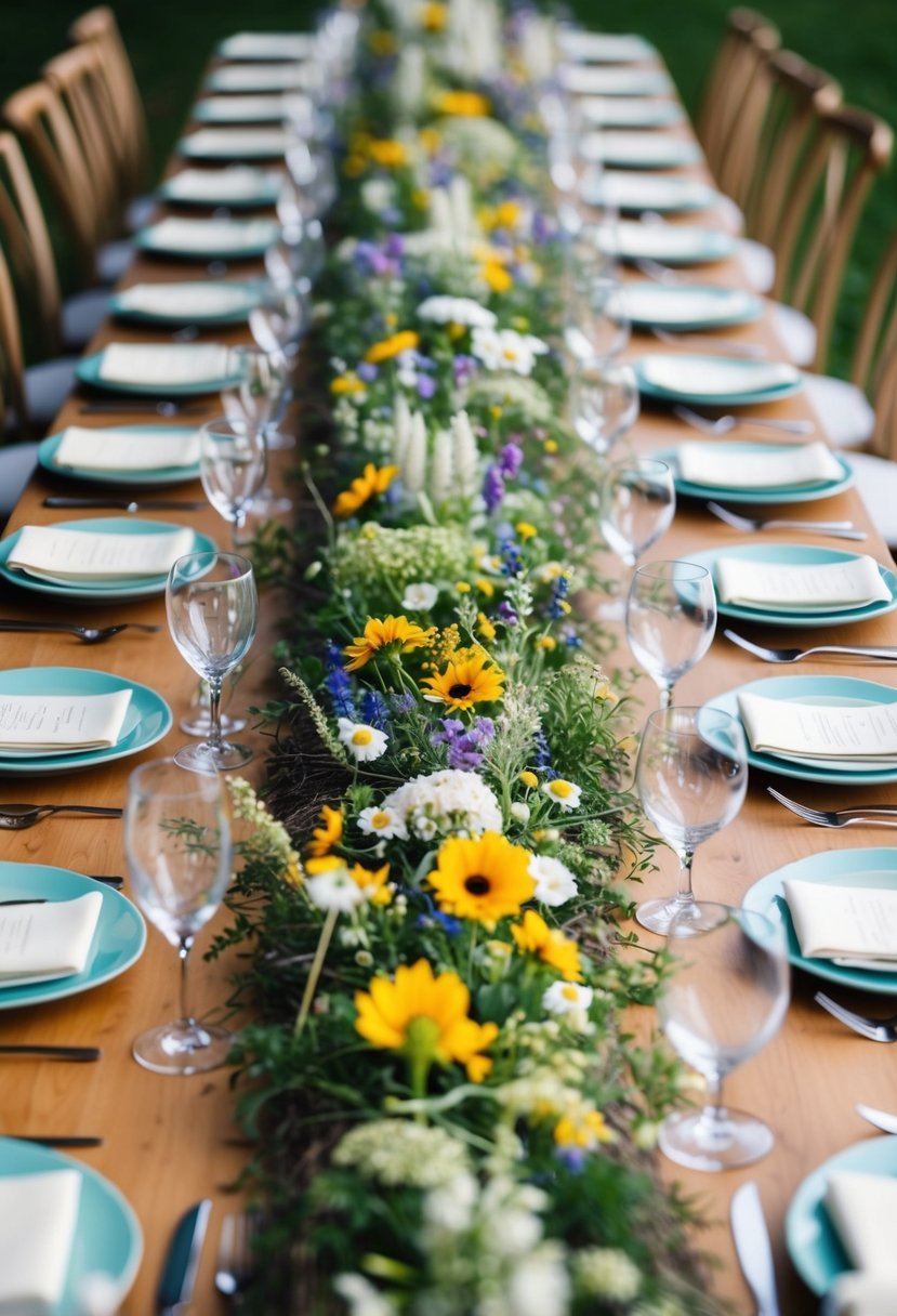 A long table adorned with organic runners woven with wildflowers, creating a whimsical and natural spring wedding atmosphere