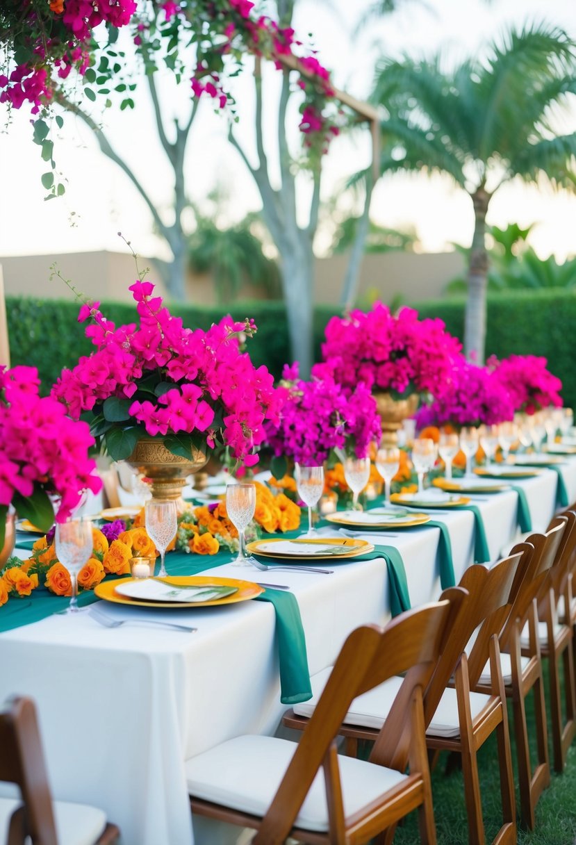 Vibrant bougainvillea floral arrangements adorn a festive Mexican wedding table