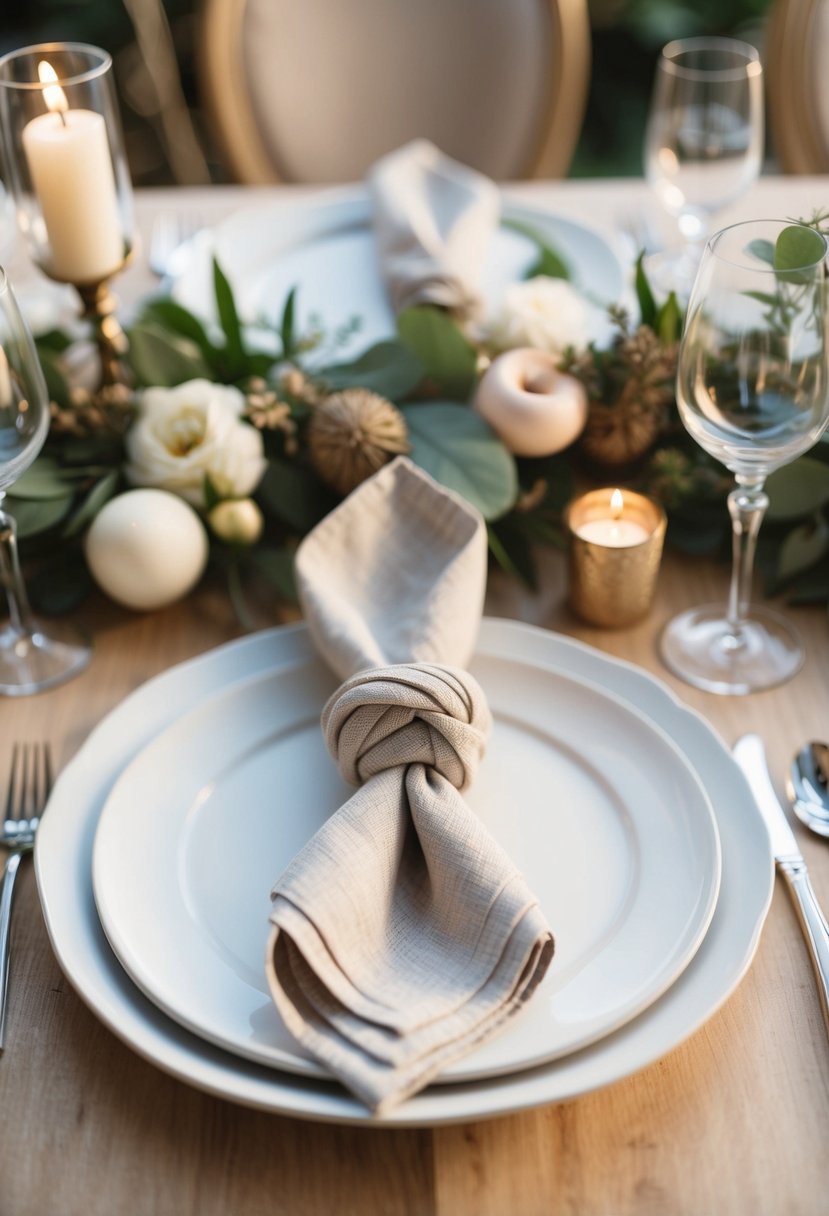 A bohemian knot-tied napkin adorns a wedding table, accented with natural elements and delicate details