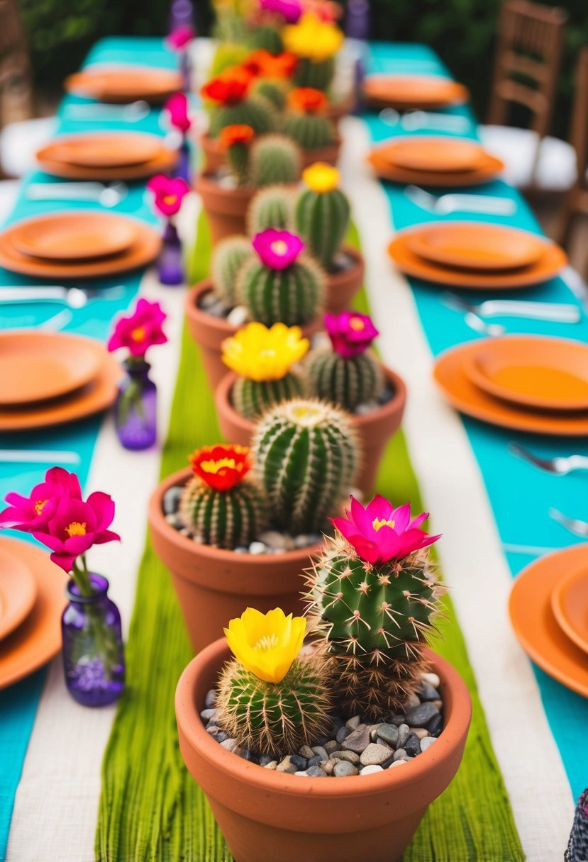 A festive table adorned with terracotta pots filled with colorful cacti, creating a vibrant Mexican wedding decoration