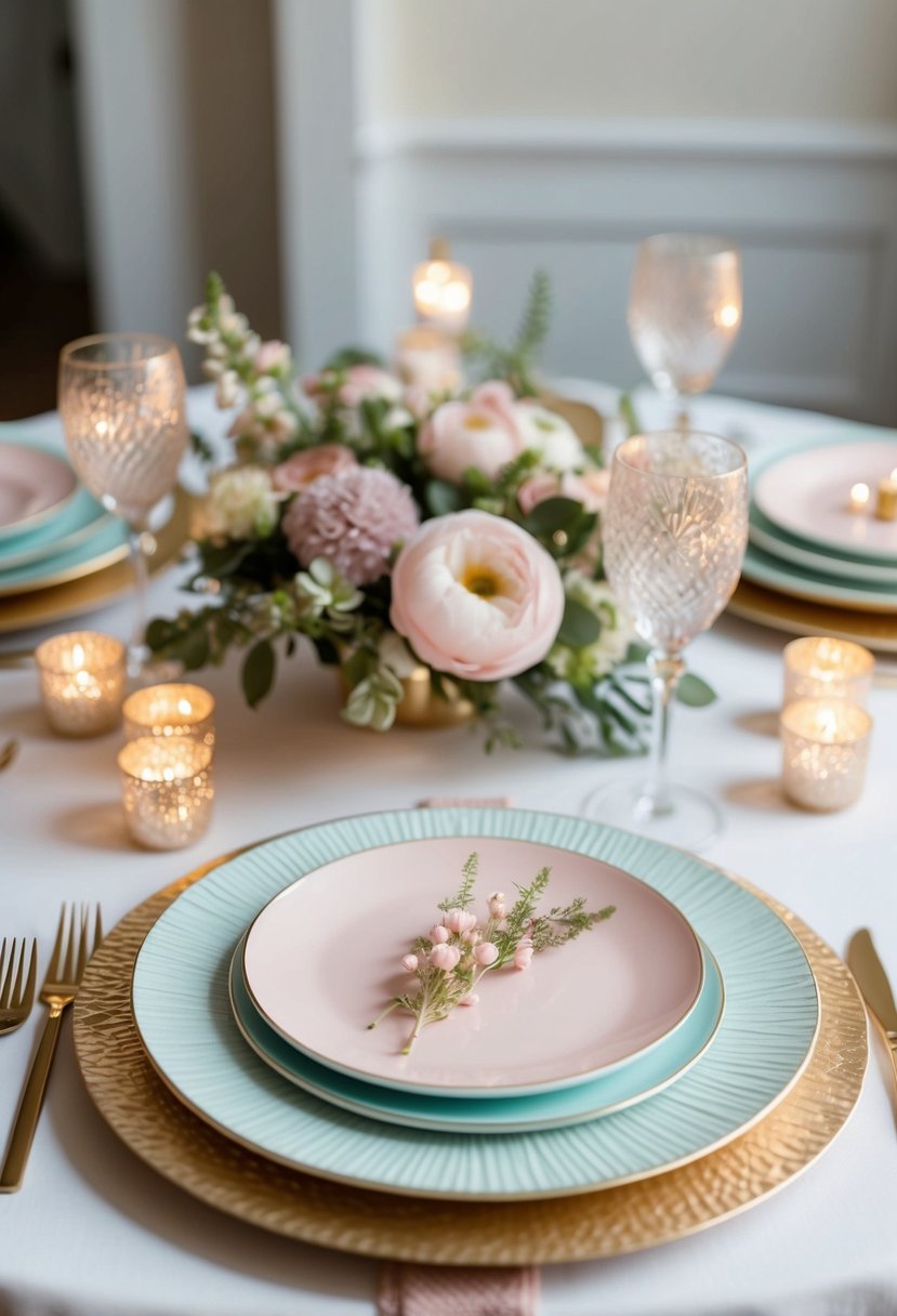 A table set with textured charger plates in pastel colors, adorned with delicate floral arrangements and sparkling tea lights