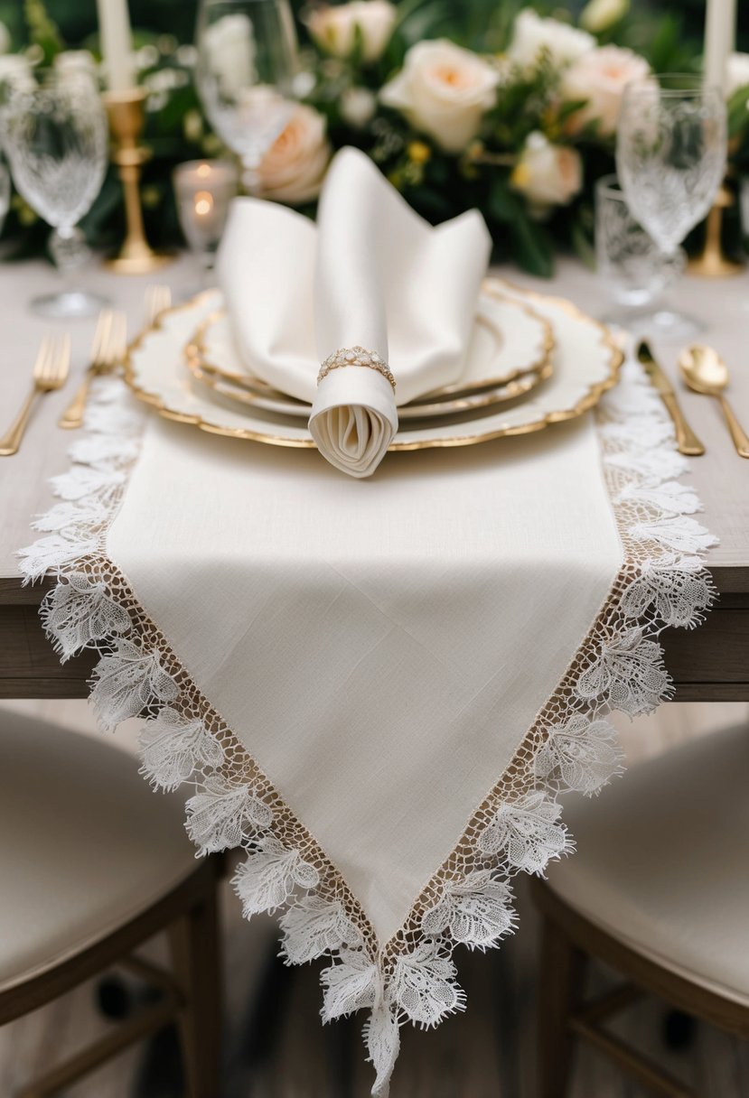 A vintage lace layer napkin drapes elegantly over a wedding table, adding a delicate and romantic touch to the decor