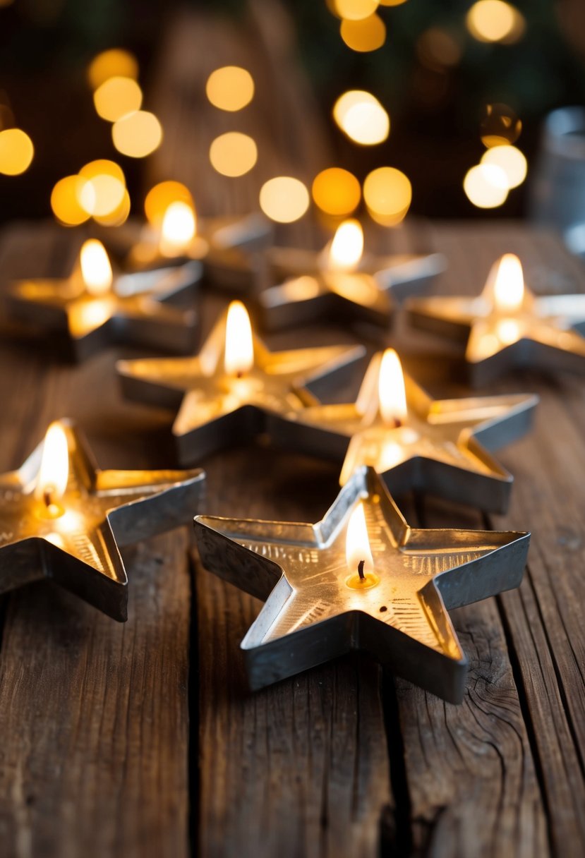 A rustic wooden table adorned with handcrafted tin stars, illuminated by the warm glow of candlelight