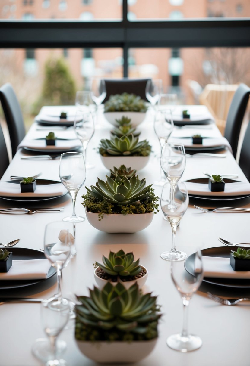 A sleek, minimalist table adorned with chic succulent centerpieces and modern decor for a stylish spring wedding