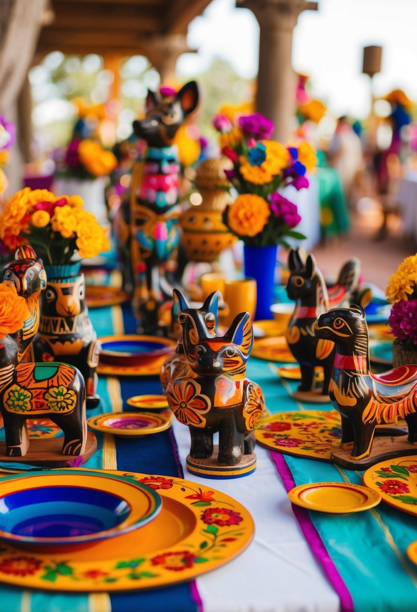 A vibrant array of Oaxacan wood carvings adorns a festive wedding table, featuring intricate animal and floral designs in bright, hand-painted colors