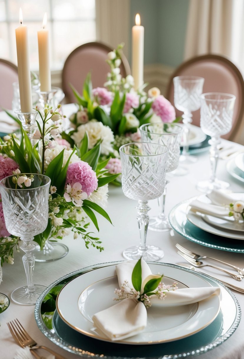 An elegant table setting with crystal glassware, adorned with spring flowers and delicate accents