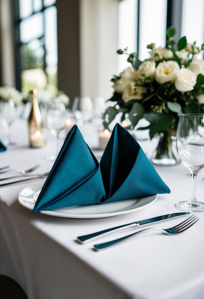 A modern geometric fold napkin adorns a wedding table, creating an elegant and stylish decoration