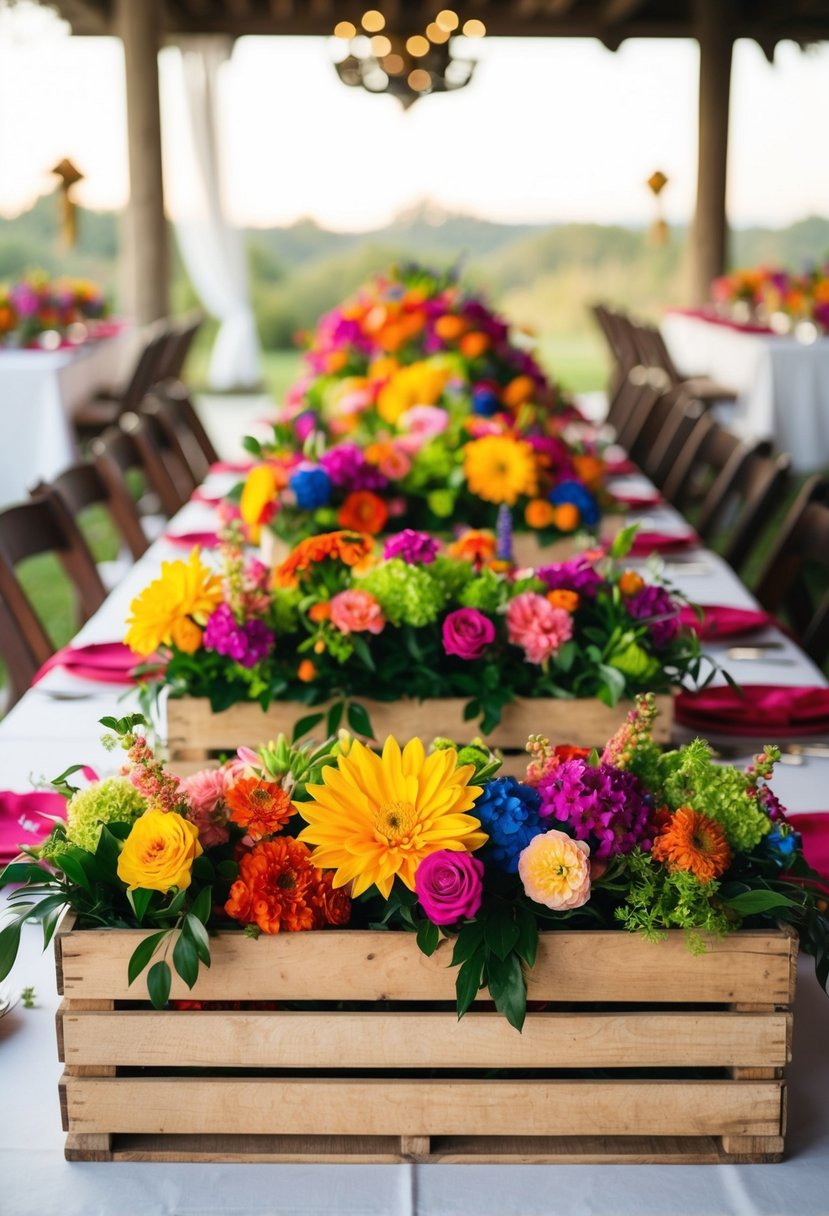 Rustic wooden crates overflowing with vibrant flowers, creating a colorful and festive Mexican wedding table decoration