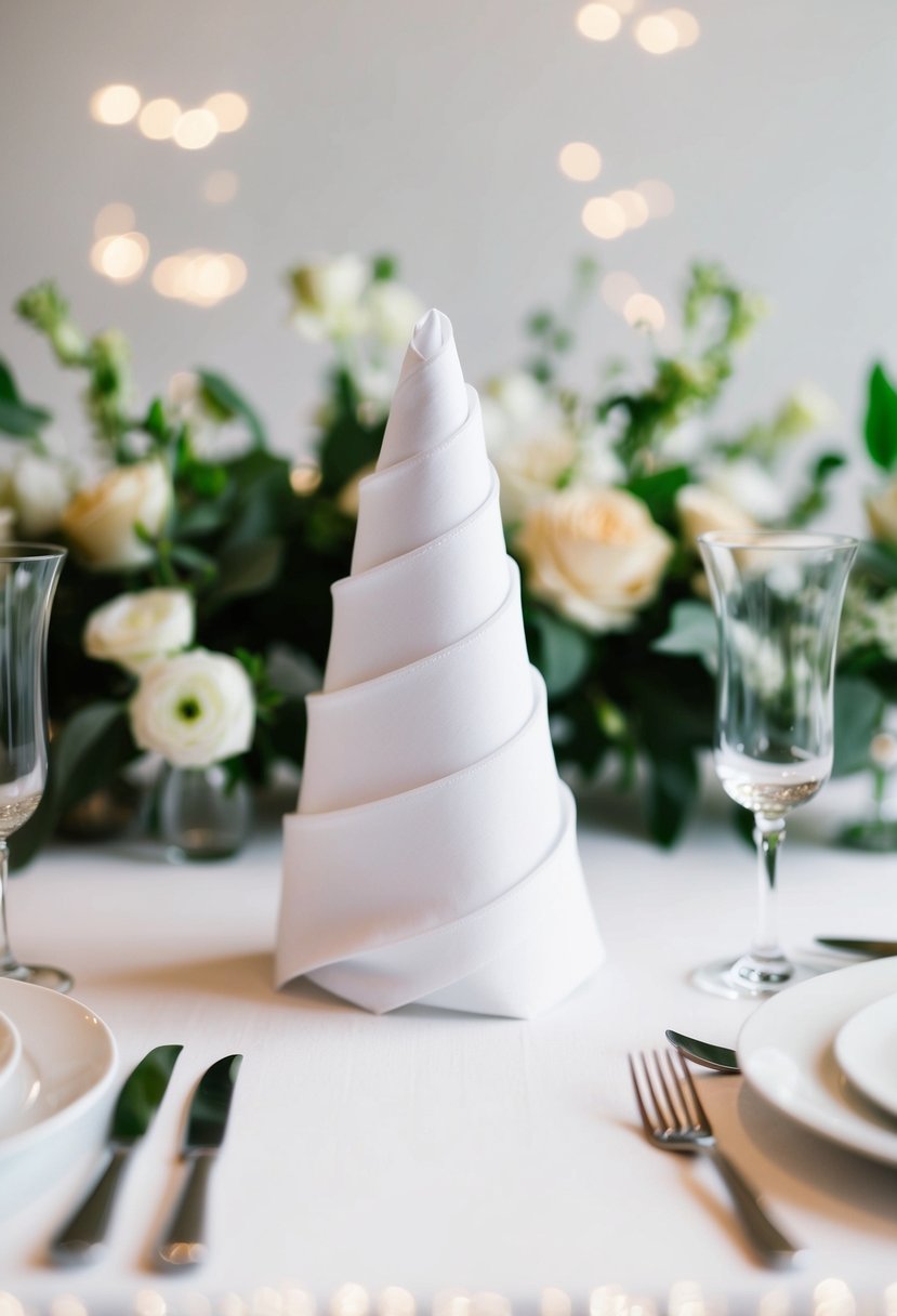 A white napkin folded into a minimalist spiral design sits at the center of a wedding table, surrounded by simple yet elegant place settings and floral arrangements