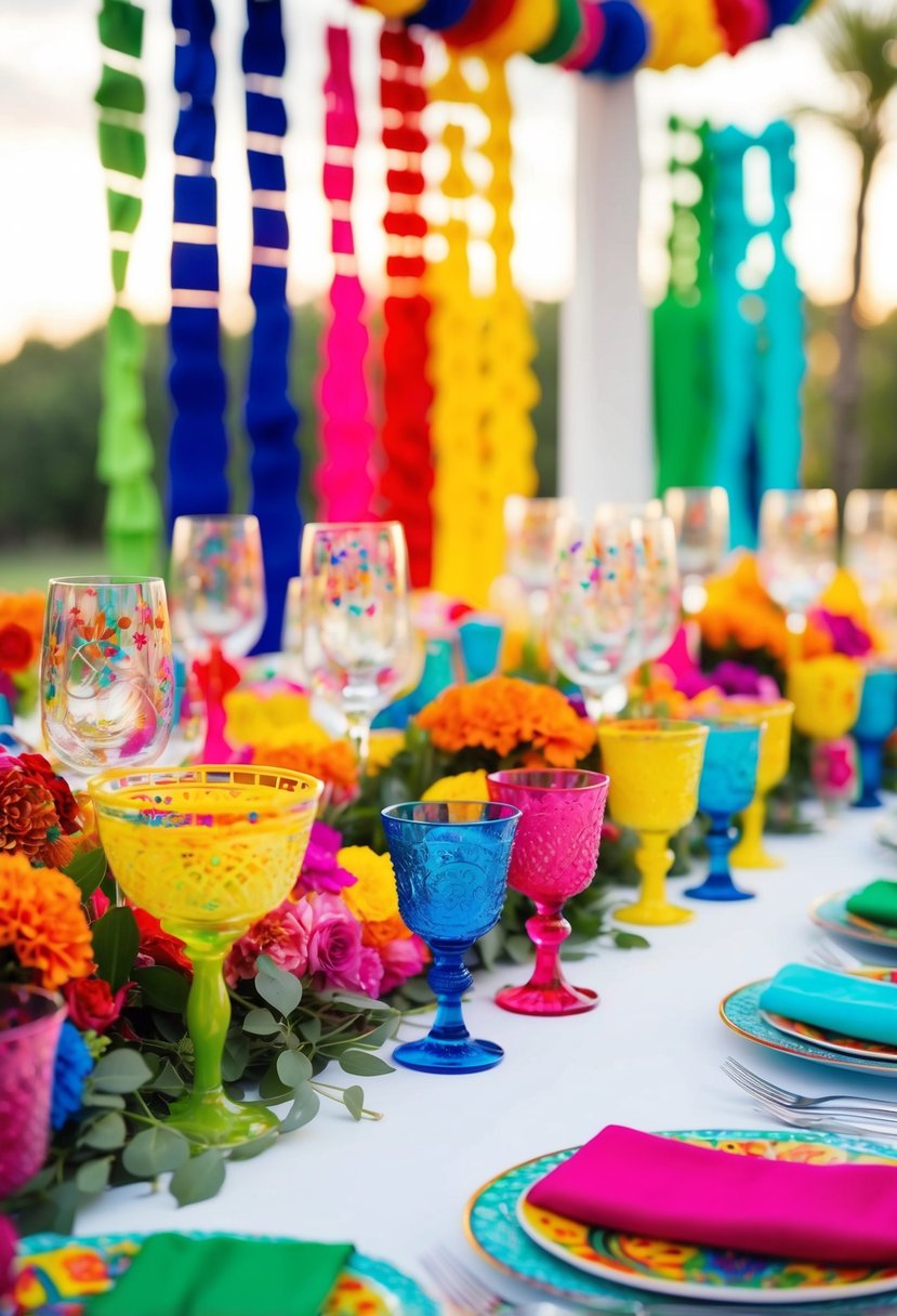 Colorful glassware arranged on a table with vibrant Mexican-themed decorations for a festive wedding celebration