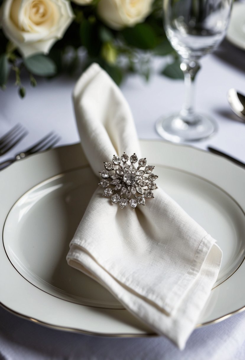 A white linen napkin adorned with a luxurious brooch sits elegantly on a wedding table, adding a touch of opulence to the decor