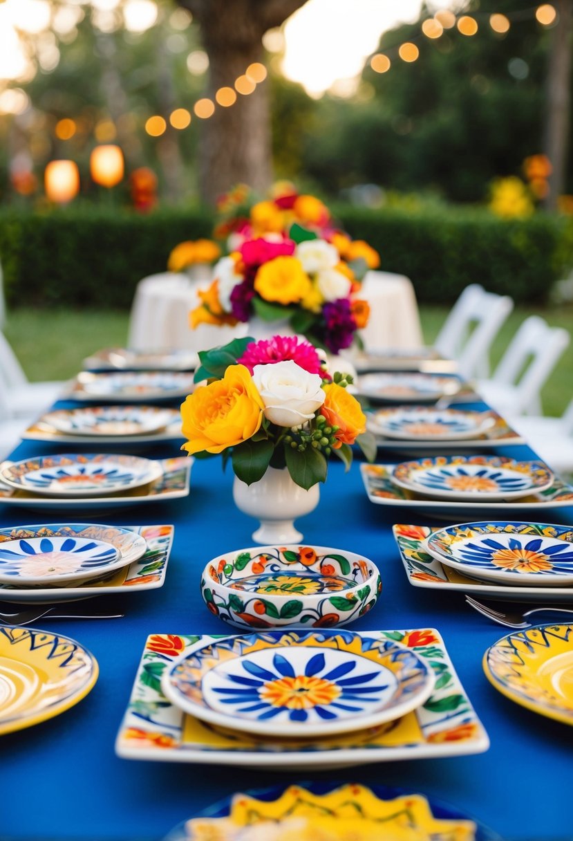 Vibrant Mexican ceramic tiles arranged as table decorations for a festive wedding celebration