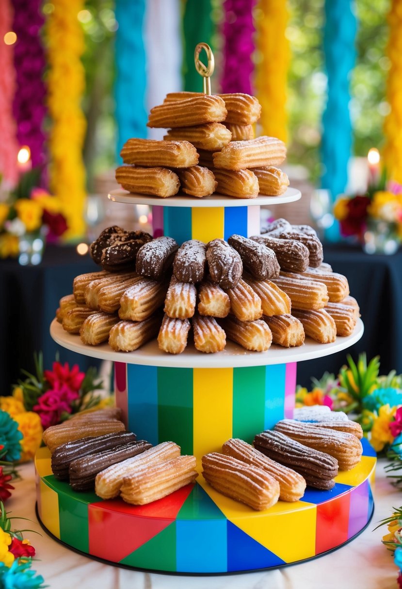 A colorful churro display stand with various flavored churros arranged in an attractive pattern, surrounded by festive Mexican wedding decorations