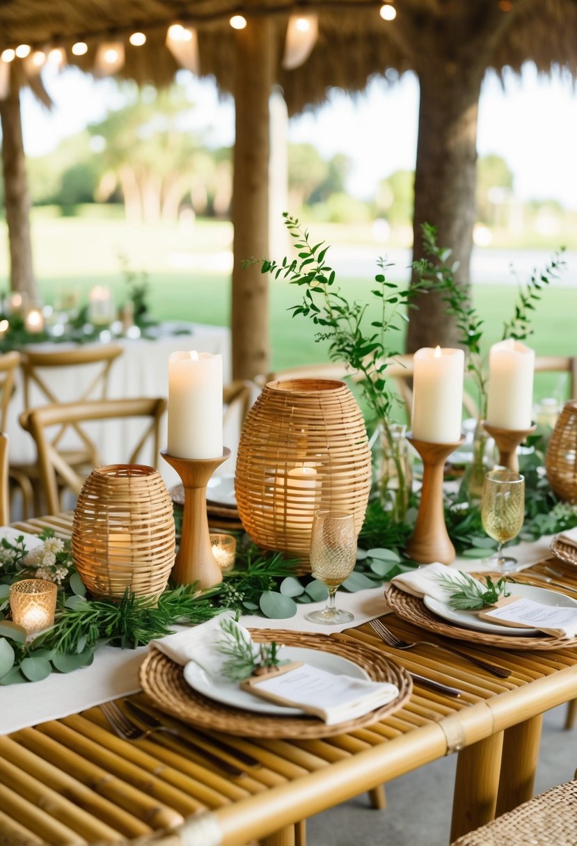 A bamboo table adorned with woven centerpieces, candles, and delicate greenery for a natural and elegant wedding setting