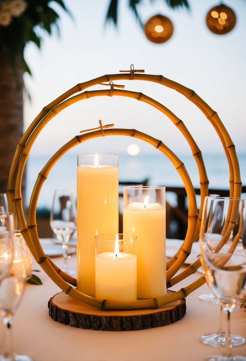 Bamboo hoops hold floating candles, centerpiece on wedding table