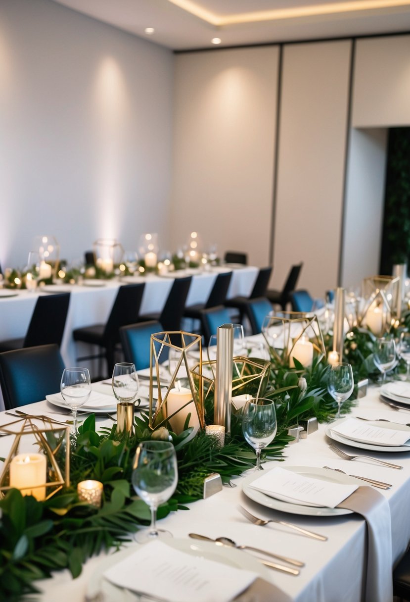 A modern wedding table adorned with geometric centerpieces, metallic accents, and lush greenery