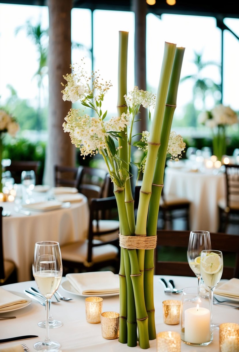 Bamboo stalks hold delicate flowers in a wedding table centerpiece