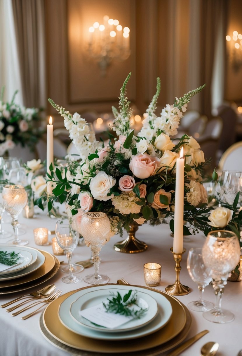 A stunning table adorned with elegant floral centerpieces, delicate candlelight, and luxurious place settings, creating a romantic and enchanting atmosphere