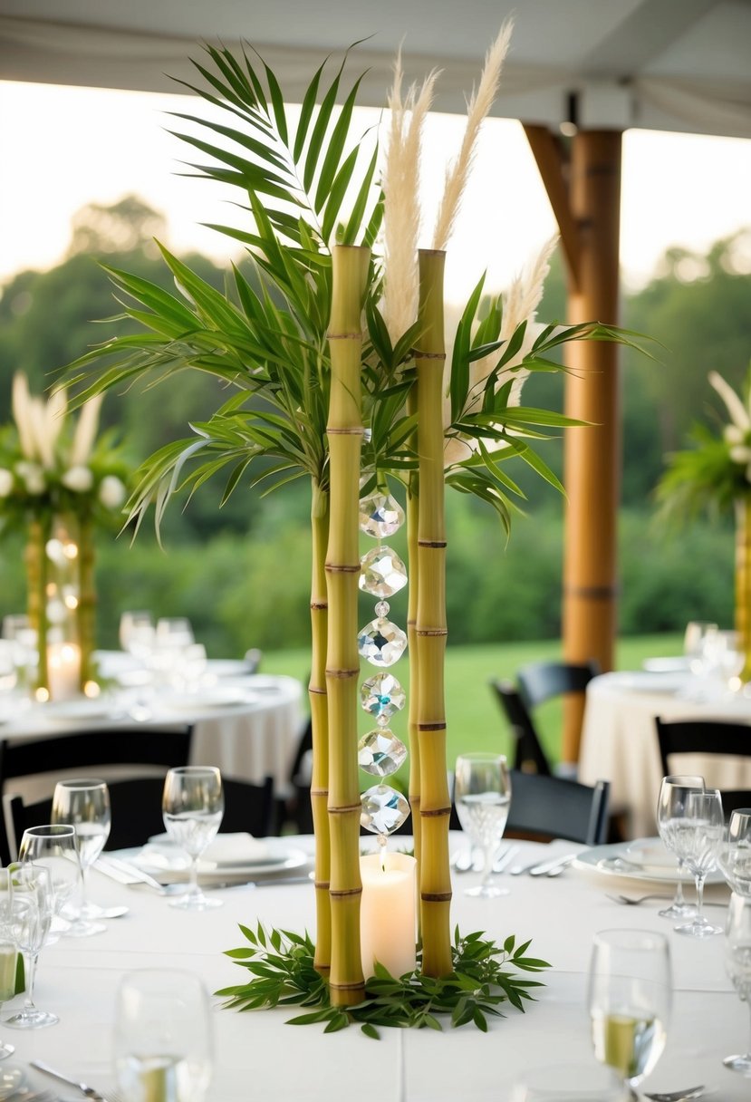 A bamboo and crystal centerpiece adorns a wedding table, adding elegance and natural beauty to the decor