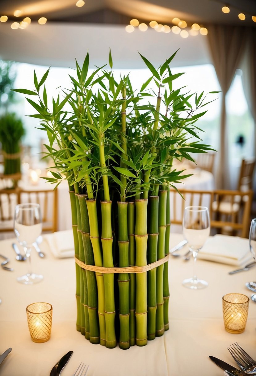 A bamboo wedding table adorned with small bamboo plants, adding a touch of greenery to the elegant setting