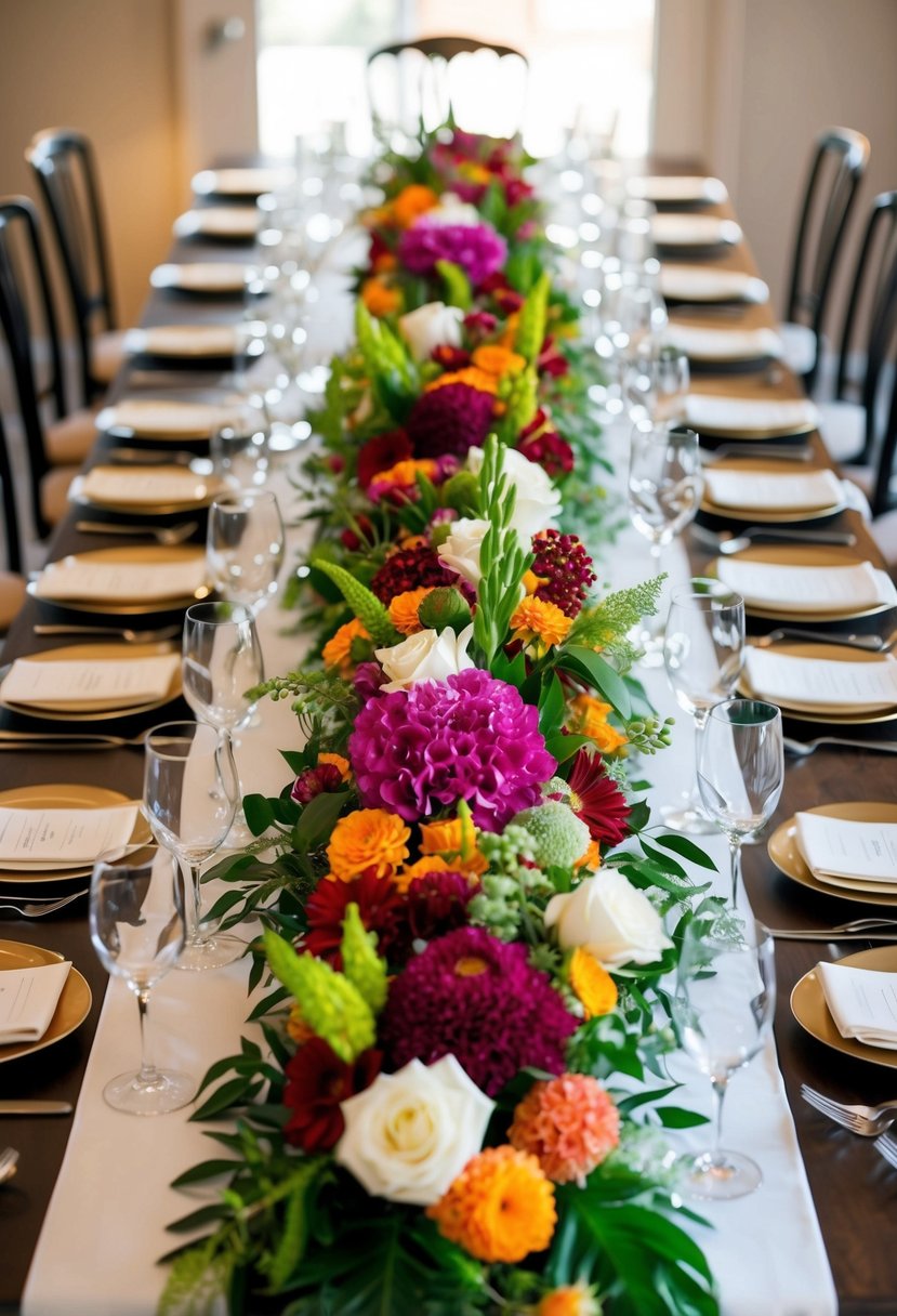 A table adorned with an abundance of vibrant floral arrangements and lush greenery runners