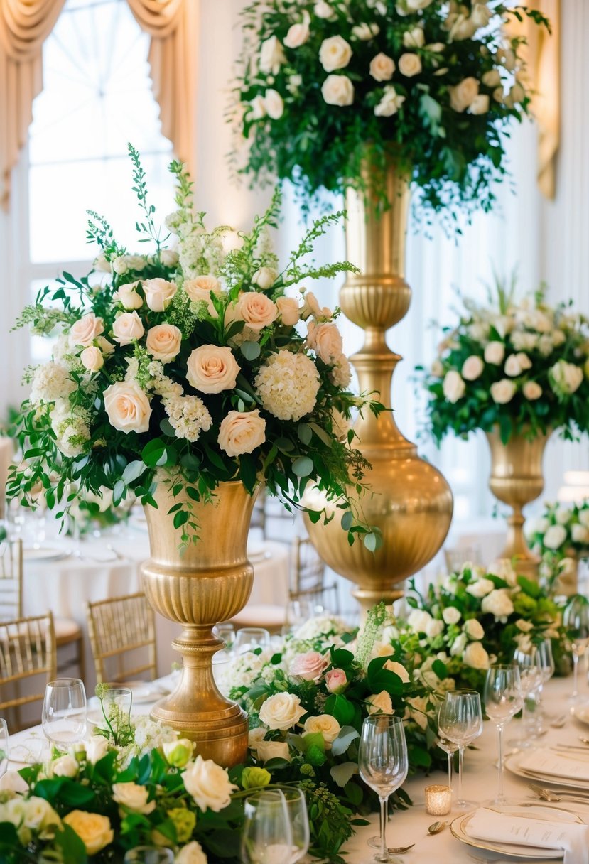 Lush compotes and towering vases overflow with floral arrangements, creating a stunning wedding table display