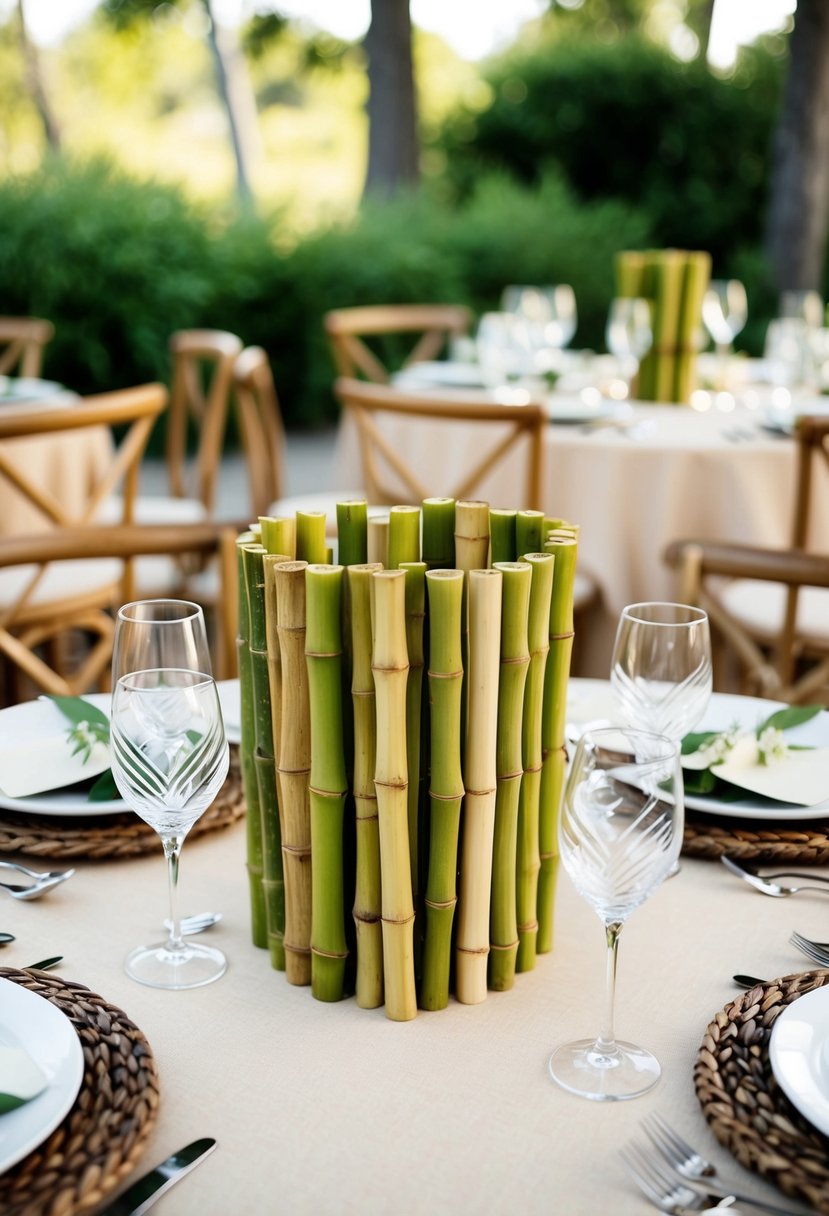 A bamboo table adorned with rustic elegance, featuring bamboo sticks as centerpieces and decorative accents