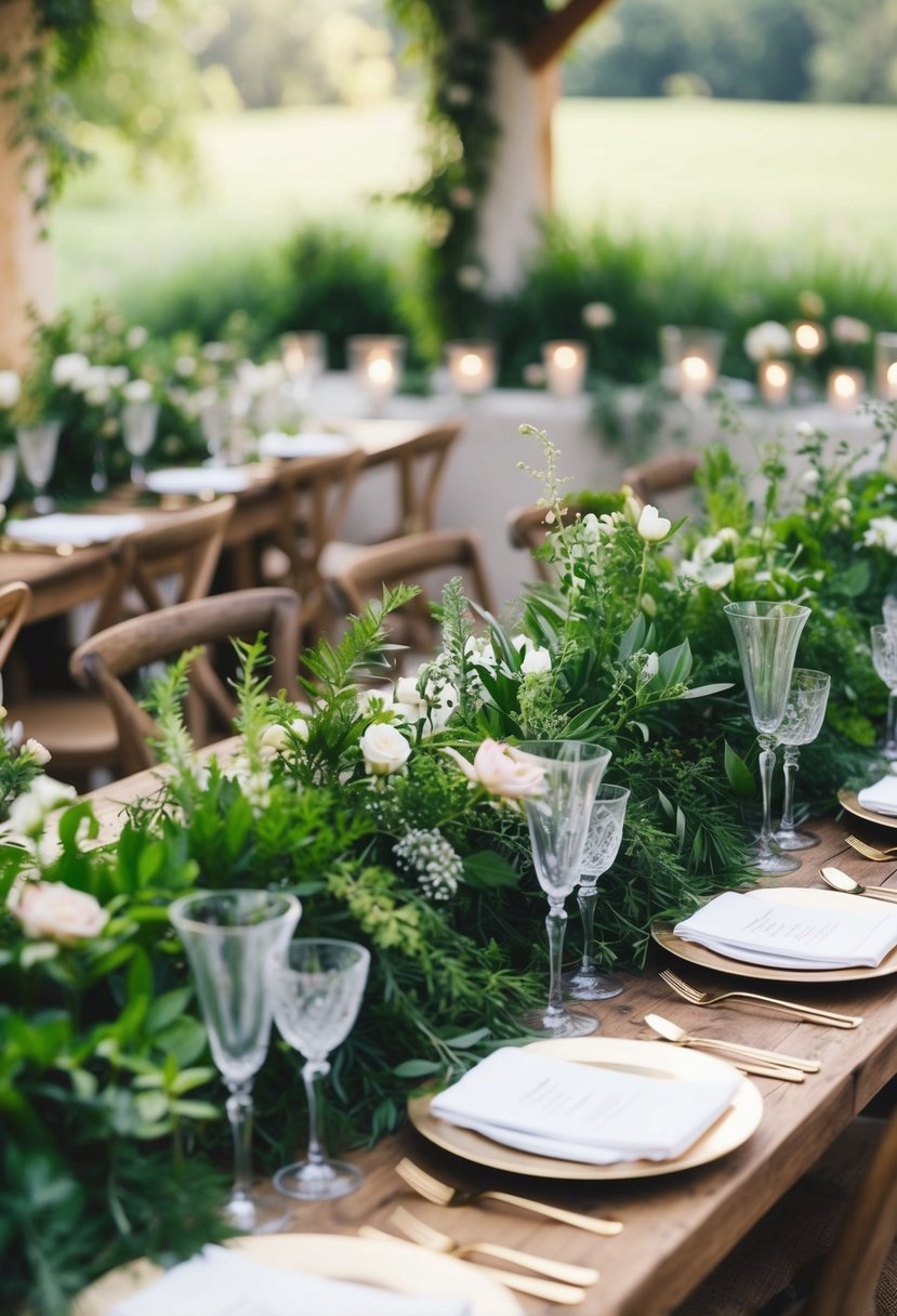 Lush greenery and delicate flowers adorn rustic wooden tables, creating a whimsical and enchanting atmosphere for a wedding celebration