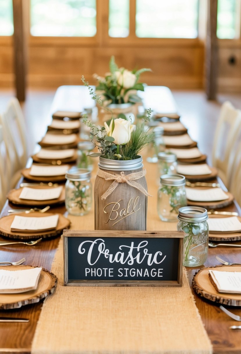 A wooden table adorned with rustic accents, including burlap runners, mason jar centerpieces, and wooden signage