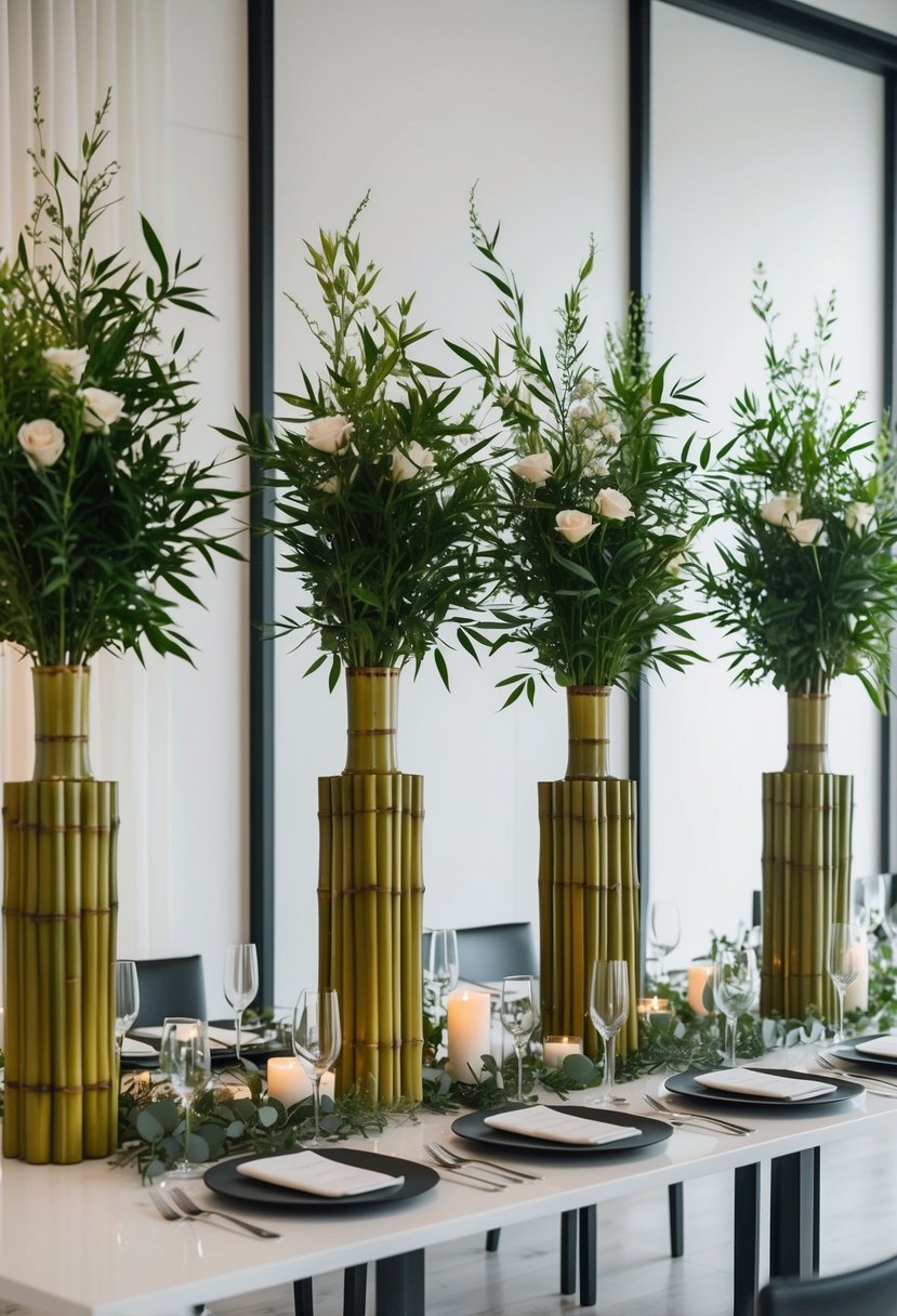 Tall bamboo vases stand on sleek table, adorned with minimalist greenery and modern accents for a stylish wedding centerpiece