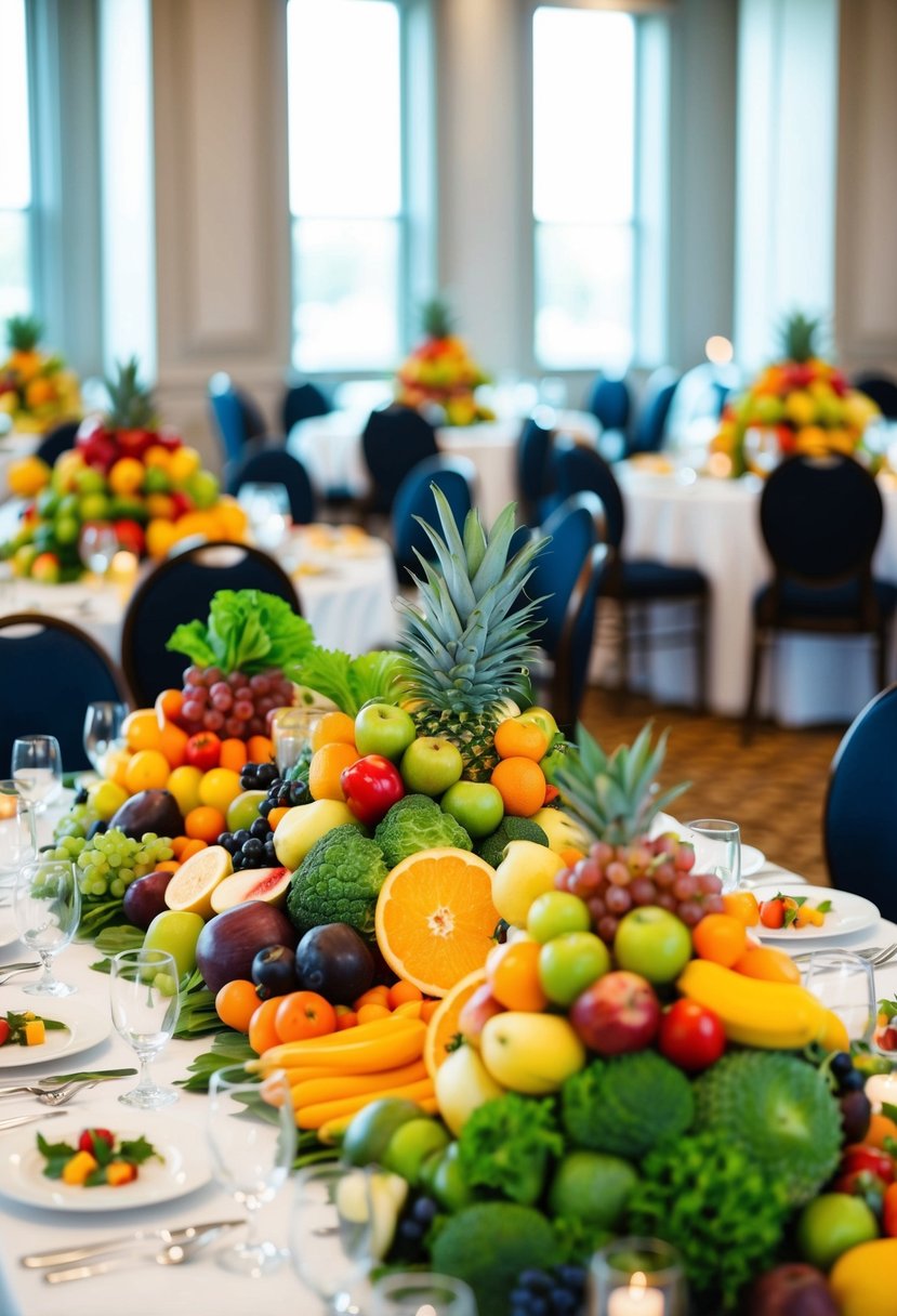 A colorful array of fruits and vegetables arranged in artistic centerpieces on elegant wedding tables