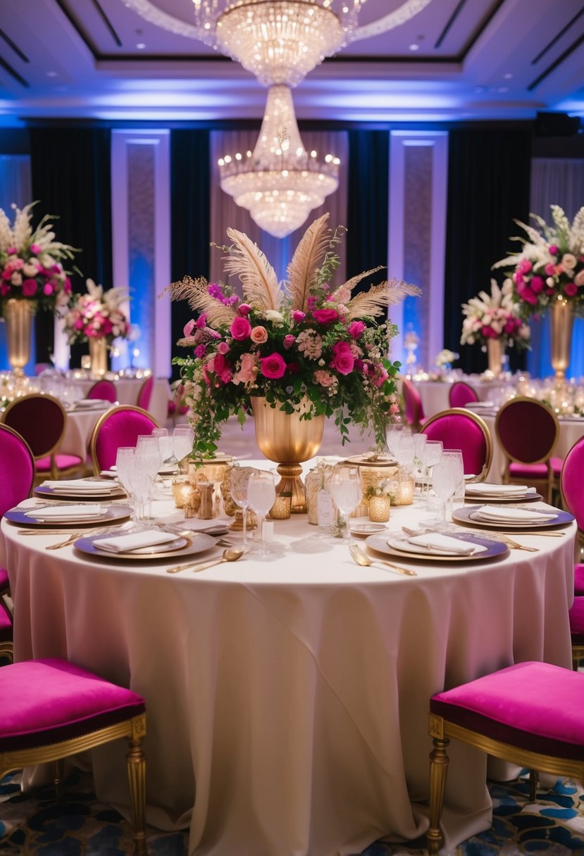 A lavish '80s inspired wedding table adorned with bold colors, metallic accents, and extravagant floral arrangements