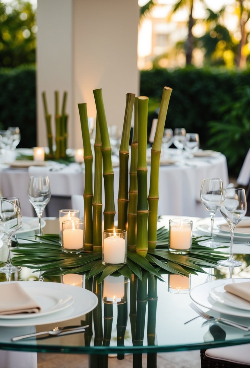 A glass tabletop adorned with bamboo centerpieces and candle holders, creating a modern and elegant wedding table decoration