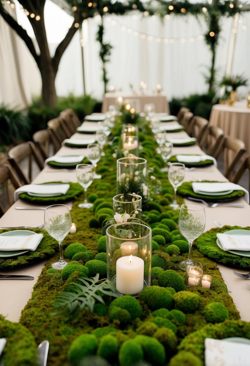 A lush moss-covered table adorned with natural elements and eco-friendly decor, creating a trendy and sustainable wedding tablescape