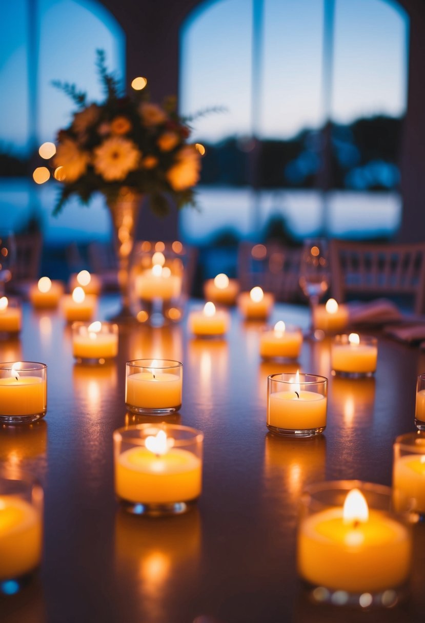 A table adorned with floating candles, casting a warm and enchanting glow, creating a magical ambiance for a breathtaking wedding