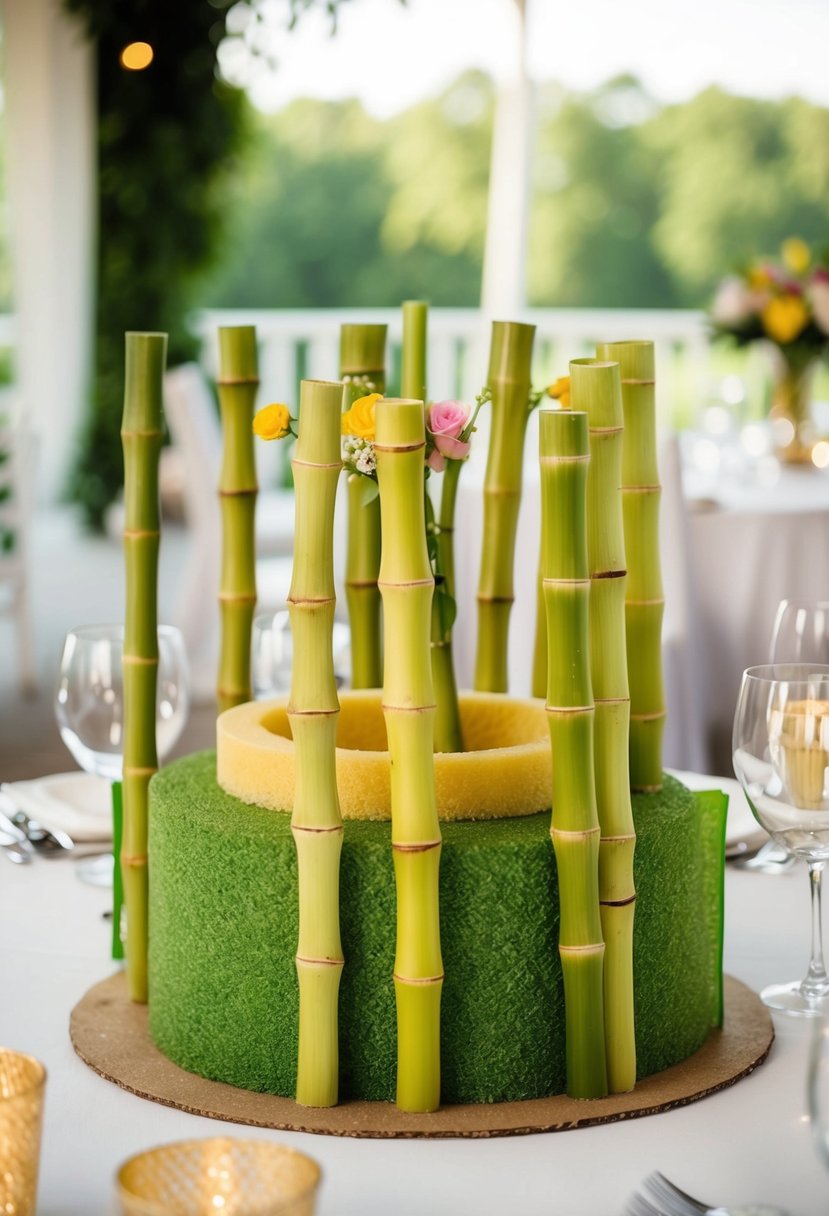 Bamboo and floral foam arranged in a stable base for a wedding table centerpiece, with space for flowers and other decorative elements