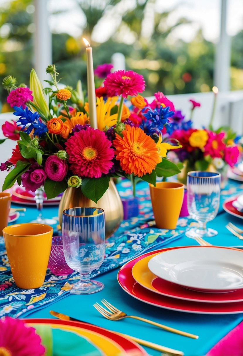 A vibrant tablescape with bold florals, colorful tableware, and modern centerpieces