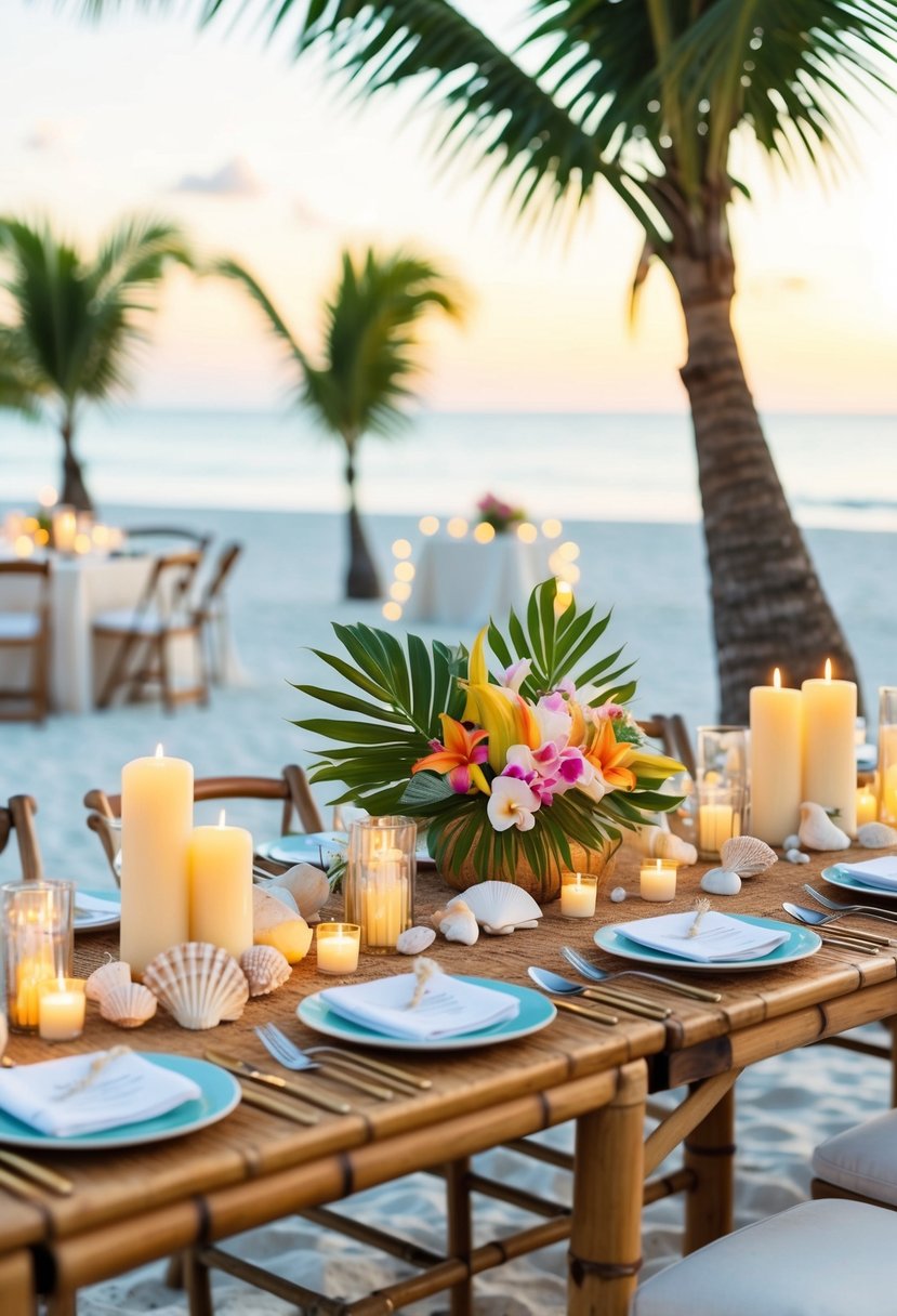 A bamboo table adorned with seashells, candles, and tropical flowers for a beach-themed wedding