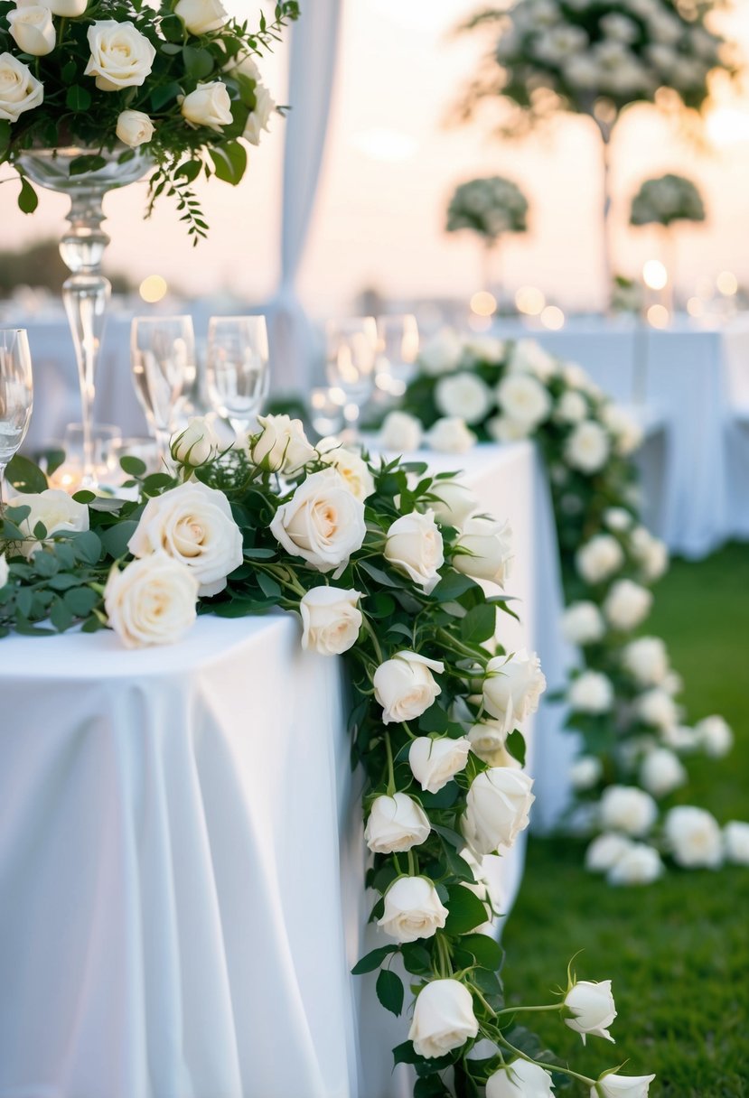 Ethereal white rose garlands cascade down a wedding table, creating a breathtaking and romantic atmosphere